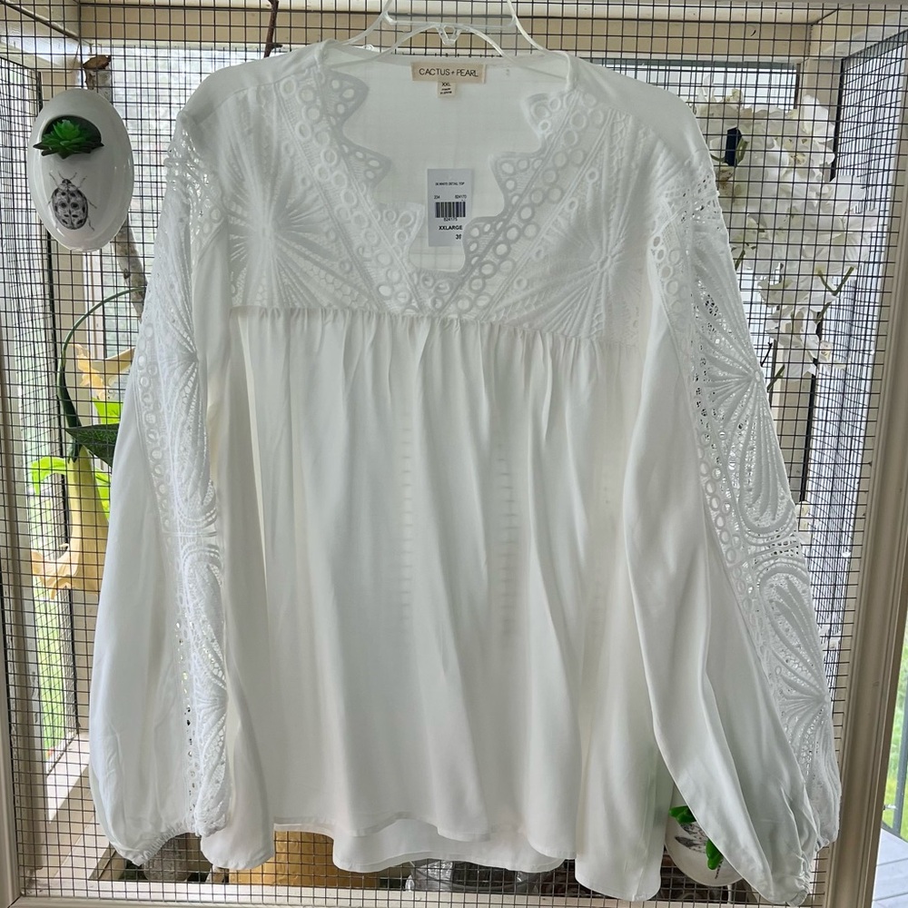 Cactus Pearl White Lace Long Sleeve Blouse XXL
